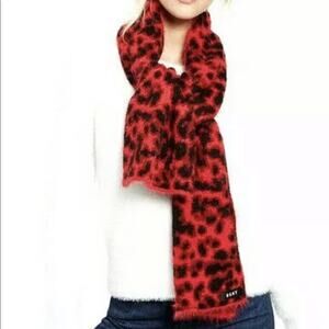 DKNY Fuzzy Leopard Animal Print Red Scarf Black L:63”W:12”